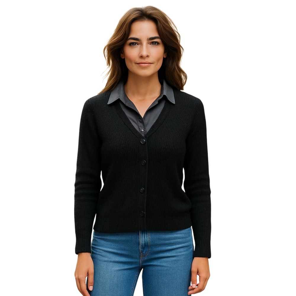 JM Collection Black Ribbed Sweater with Satin Collar